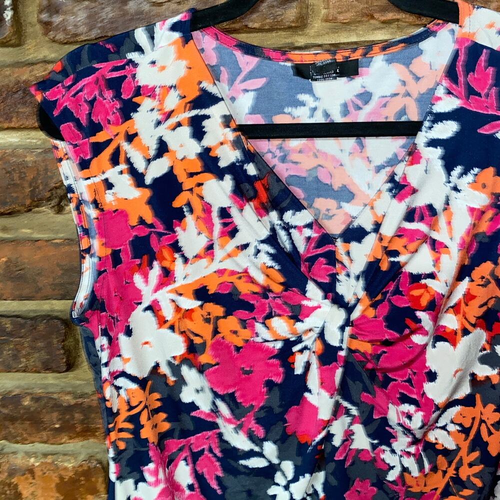 Alfani Floral V-Neck Cap Sleeve Blouse in Navy, Pink, Orange, White - Picture 2 of 4